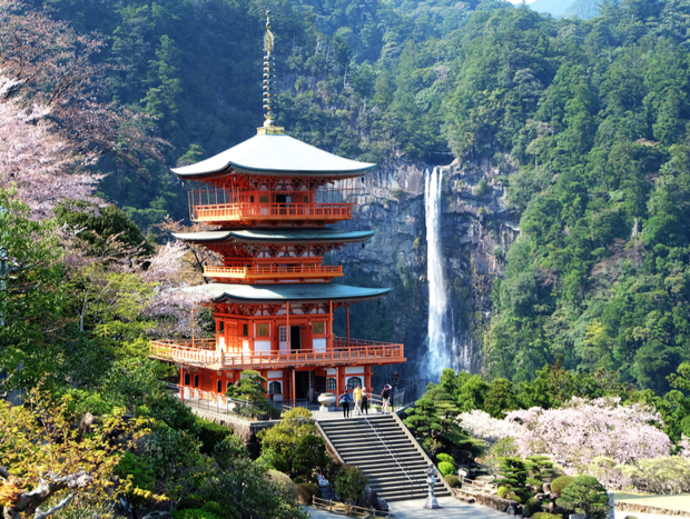 A three-tiered red pagoda stands amidst lush greenery. Visitors climb adjacent stone steps. A tall waterfall cascades in the background, framed by dense forest, with cherry blossoms nearby.