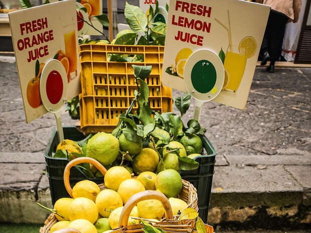 Baskets of lemons and oranges are displayed for sale, accompanied by signs reading "FRESH ORANGE JUICE" and "FRESH LEMON JUICE." The fruit is arranged on a stone path.