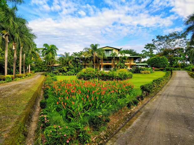 A large house surrounded by lush tropical gardens and tall palm trees, situated between two paved paths under a blue sky with clouds.
