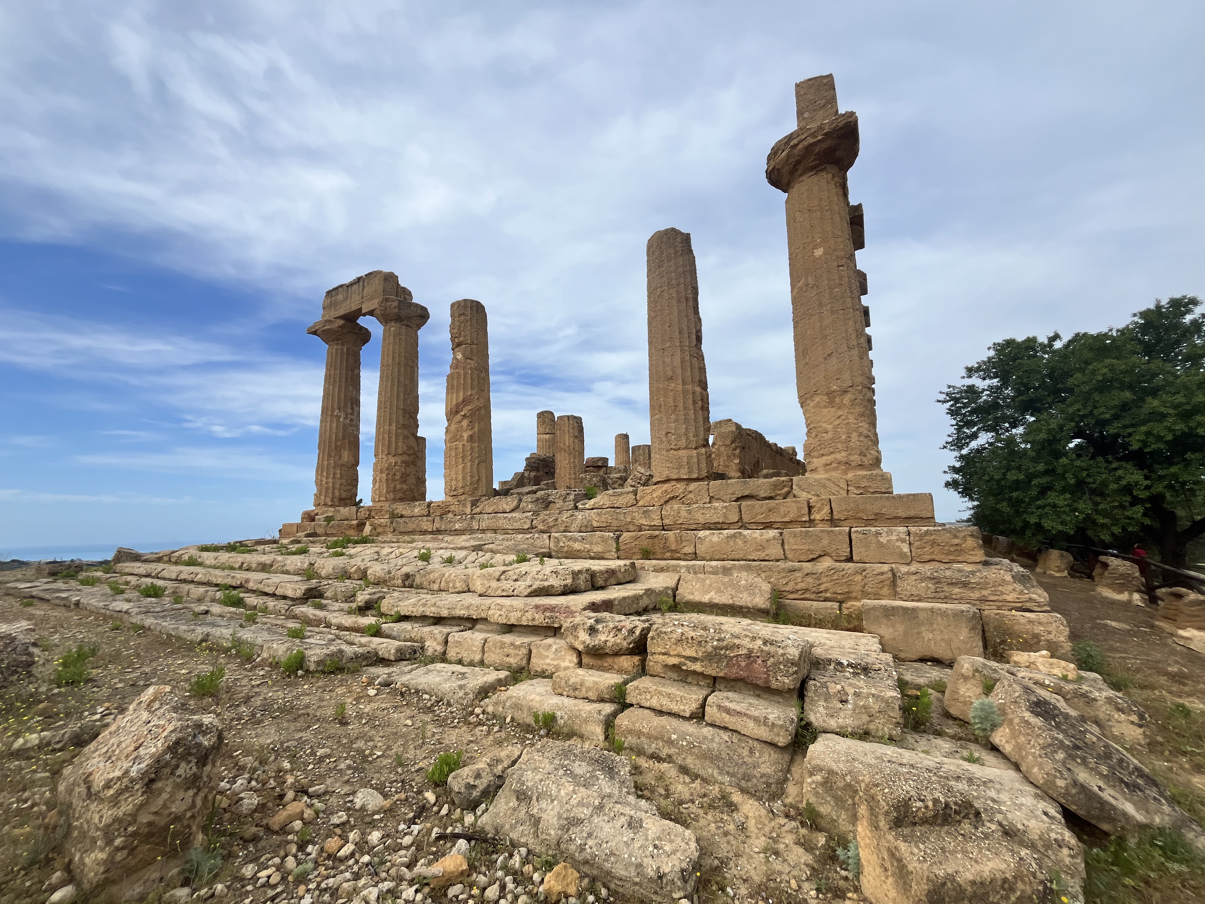 Ancient stone columns stand on a stepped platform amidst scattered rocks and sparse vegetation, with a tree nearby and a partly cloudy sky above.