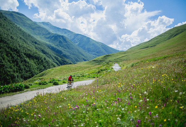 A cyclist rides on a winding road through lush, green hills dotted with wildflowers under a partly cloudy sky. Trees cover one hillside, creating a serene, natural landscape.