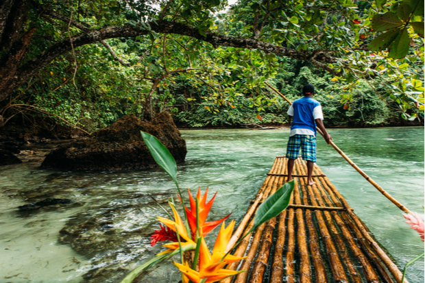 A person navigates a bamboo raft using a pole on a calm, clear river, surrounded by lush green trees and tropical flowers in the foreground.