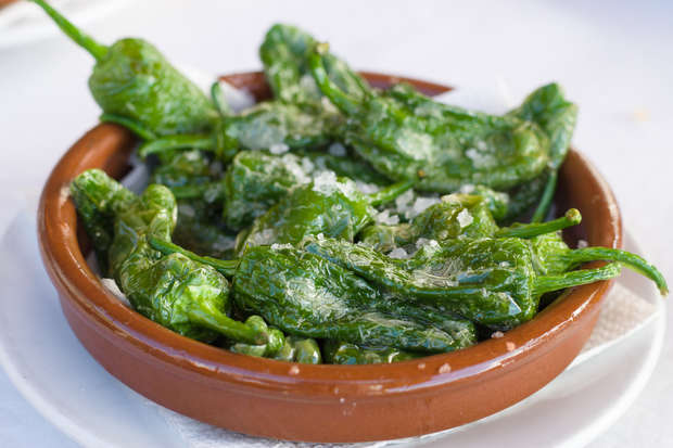 Green peppers glisten with salt, sitting in a round, terracotta dish on a white surface, suggesting a fresh, simple culinary presentation.