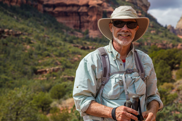 A person wearing sunglasses and a sun hat smiles while holding trekking poles, standing amidst a scenic, green landscape with red rock formations in the background.