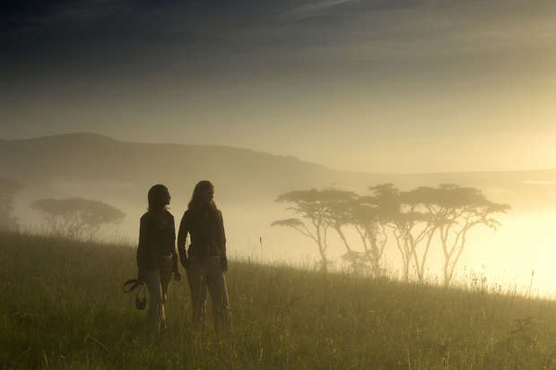 Two people stand side-by-side holding binoculars, gazing into a misty, open savanna landscape at sunrise. Silhouetted trees and gentle hills are visible in the distance.