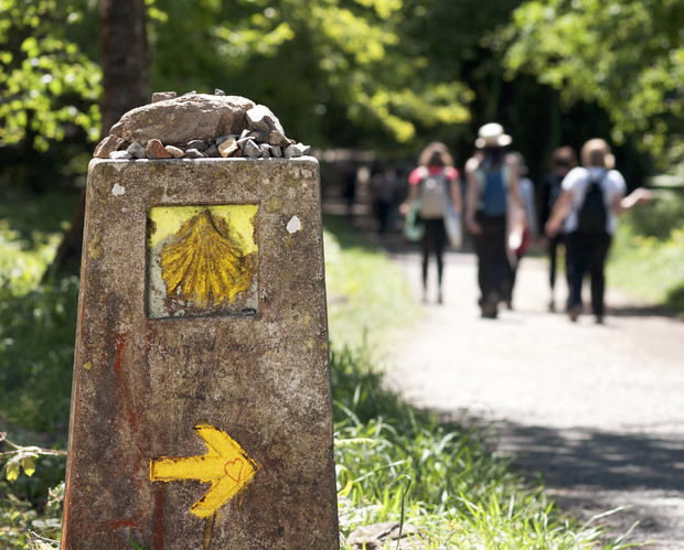 A stone marker displays a yellow shell symbol above an arrow with a small heart, directing walkers on a wooded path. Rocks are stacked on top.