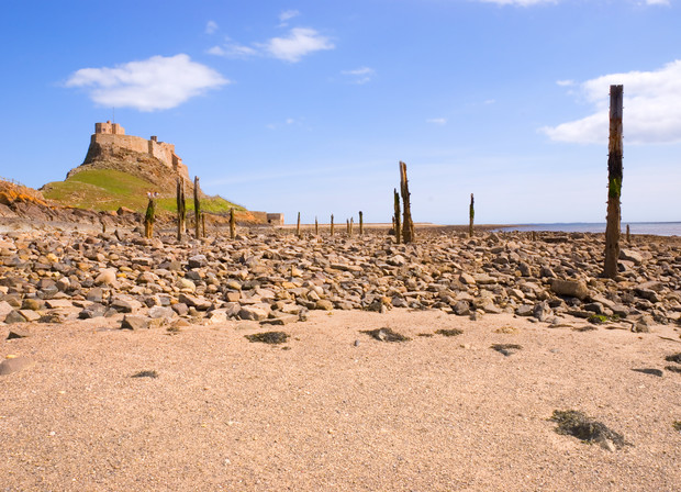 A castle sits atop a grassy hill, overlooking a rocky beach scattered with wooden posts under a clear blue sky.