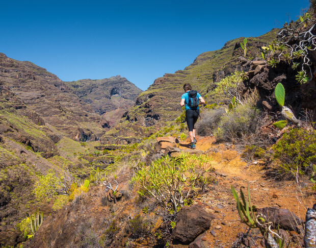 A person with a backpack hikes up a narrow dirt trail, surrounded by rugged, rocky mountains and sparse vegetation under a clear blue sky.