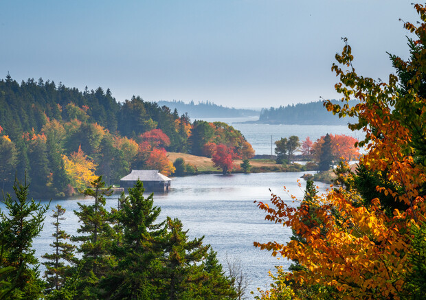 A tranquil lake reflects vibrant autumn trees surrounding a small boathouse. Leafy branches in red, orange, and yellow frame the water, while distant hills provide a serene backdrop.