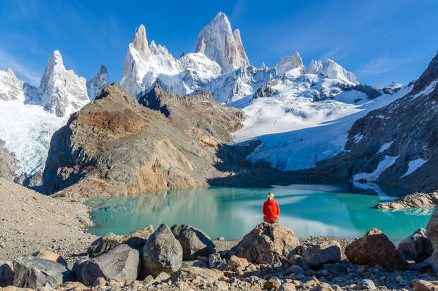 A person sits on a rock, wearing a red jacket, facing a turquoise lake with snow-capped mountains under a clear blue sky. Rocks and sparse vegetation surround the area.