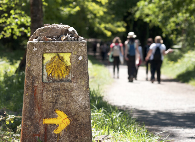 A stone marker displays a yellow scallop shell and arrow with a heart, indicating direction. People walk along a forest path. Small stones rest atop the marker.