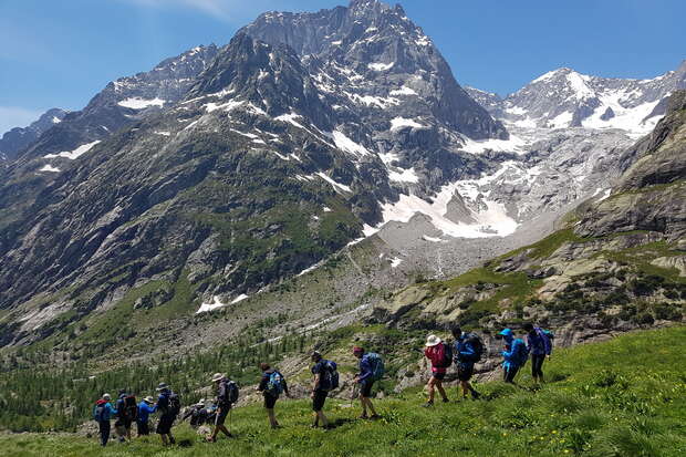 Hikers walk in single file along a grassy mountain trail. Towering, snow-capped peaks rise dramatically in the background under a clear blue sky.