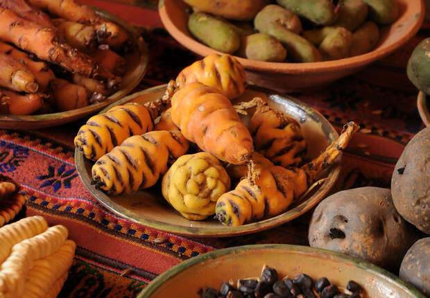 Tubers displayed on a decorative tablecloth, resting in a ceramic dish, surrounded by various vegetables and beans in bowls, creating a vibrant market-like atmosphere.