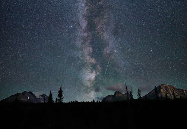 The Milky Way galaxy stretches vertically, its stars densely packed, while a shooting star streaks across. Silhouetted mountains and pine trees form the foreground under a clear night sky.