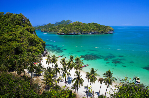 Palm trees line a white sandy beach; turquoise ocean waters gently lap the shore, with lush green islands in the distance under a clear blue sky.