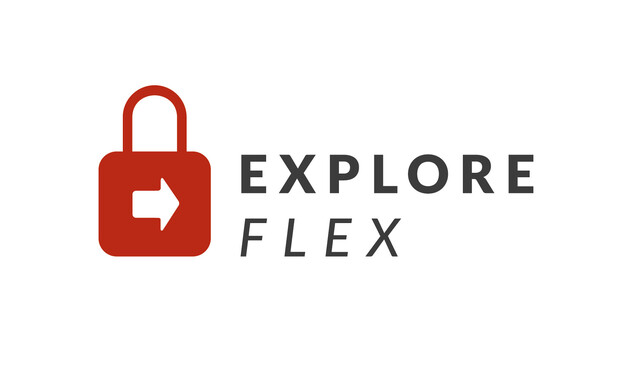 A red padlock icon with a white arrow points right, accompanied by bold text reading "EXPLORE FLEX" on a plain background.
