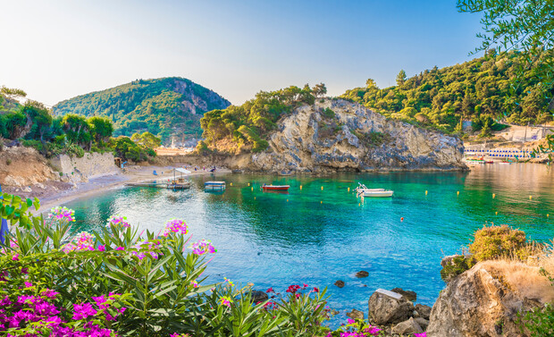 Boats float gently on a turquoise bay surrounded by rugged cliffs and lush greenery. Pink flowers bloom in the foreground, and a sandy beach stretches along the water's edge.