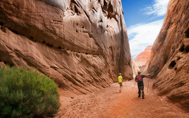 Two hikers walk through a narrow, rocky canyon with hiking poles. Red sandstone walls rise steeply on either side. Bright blue sky and sparse vegetation surrounding the path create a scenic desert landscape.