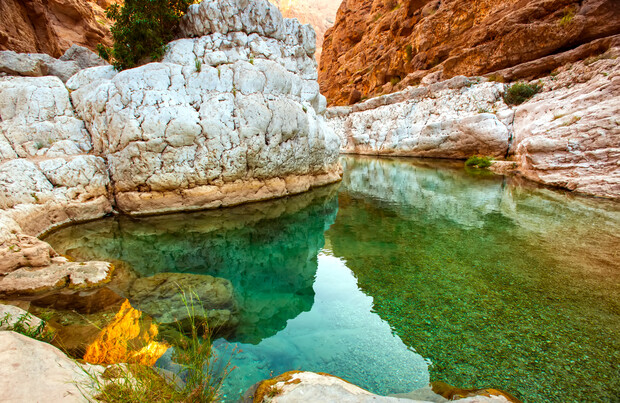 Clear turquoise water fills a natural pool surrounded by smooth, white rock formations, with some vegetation growing on the rocks. Rugged cliffs rise in the background under sunlight.