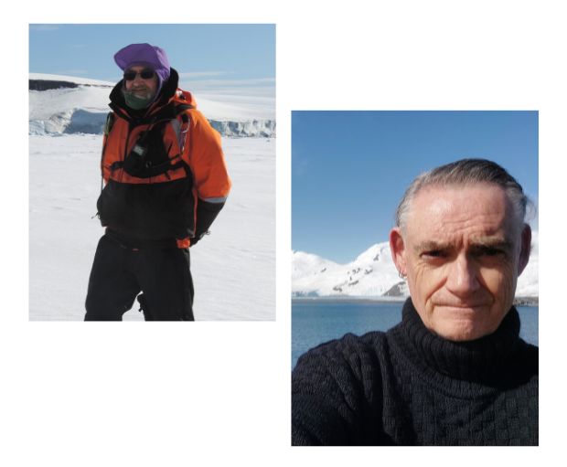 Two photos: The left image shows a person in an orange jacket standing on a snowy landscape with ice cliffs. The right image is a close-up of a person wearing a black sweater near a snowy mountain by the water.