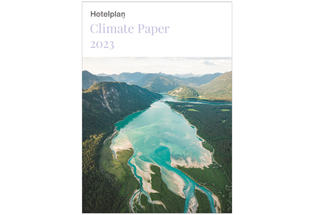 Cover features a serene turquoise lake winding through lush green mountains under a cloudy sky. Text reads "Hotelplan Climate Paper 2023" positioned at the top.