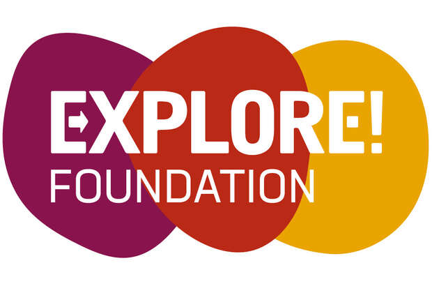 The image features overlapping purple, red, and orange shapes with bold white text reading "EXPLORE! FOUNDATION" across the center, conveying a lively, energetic theme.