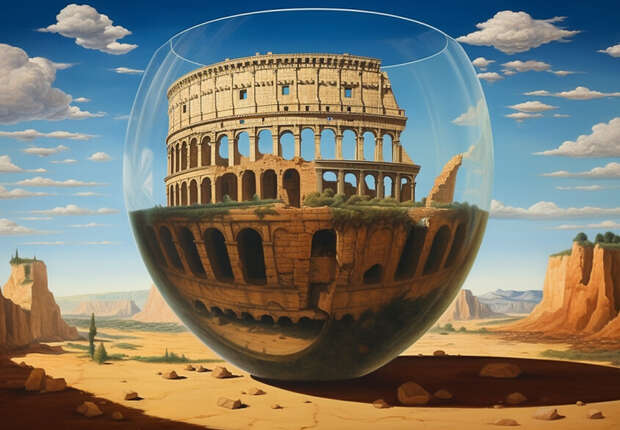 A large wine glass holds an ancient Roman colosseum mirrored vertically, set in a desert landscape with distant cliffs and a blue sky filled with scattered clouds.