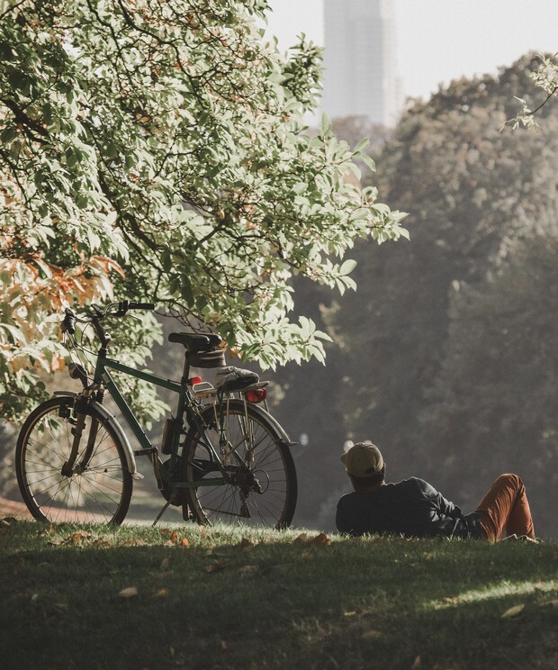 A bicycle rests beside a person lying on grass, surrounded by lush trees and a cityscape in the background.