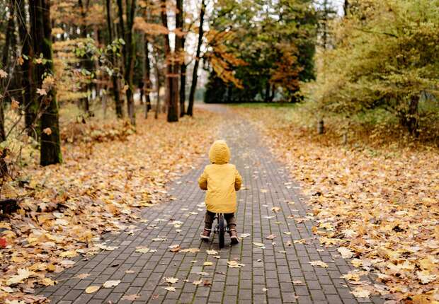 A child in a yellow jacket rides a small bike along a leaf-strewn path in an autumnal park, surrounded by trees with orange and yellow foliage.