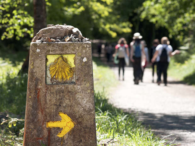 A stone marker displays a yellow shell symbol and arrow, indicating direction. It stands on a sunlit path with several people walking in the background, surrounded by greenery.