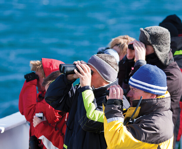 People holding binoculars peer across the ocean from a boat deck, wearing winter jackets and hats, suggesting cold weather while observing the distant sea.