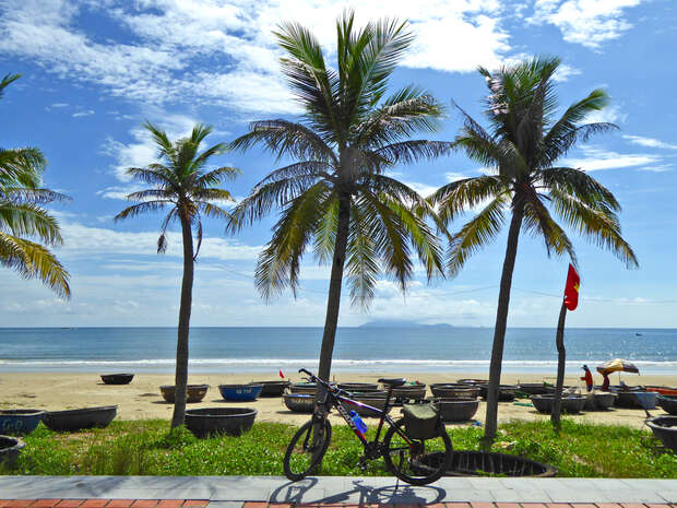 A bicycle rests against a palm tree, surrounded by more palms. Small boats are visible on a sandy beach beside a blue ocean under a clear sky.