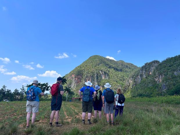 Six people with backpacks stand facing a distant, green-covered mountain under a clear blue sky, surrounded by grassy fields and sparse trees.