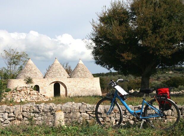 A blue bicycle rests against a stone wall in front of a traditional stone building with conical roofs, surrounded by grass and a large tree under a cloudy sky.