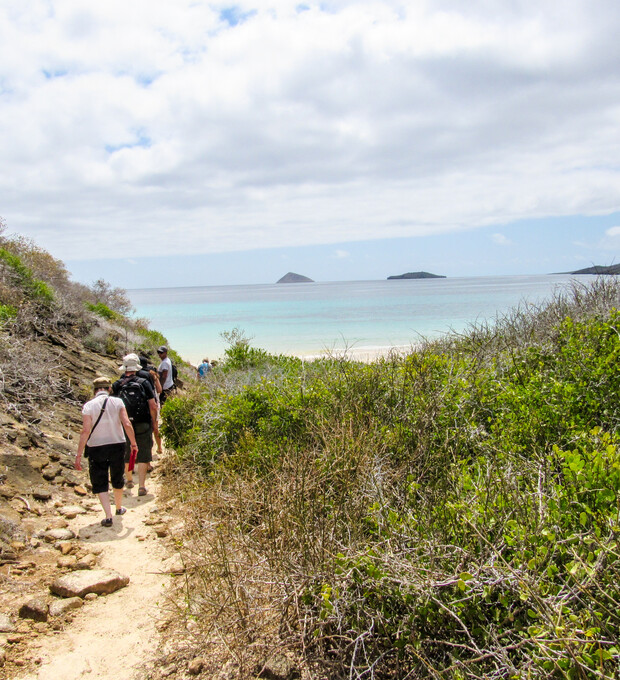 People hike along a rocky, narrow trail bordered by green shrubs, leading to a beach with a calm sea and two small islands visible under a partly cloudy sky.