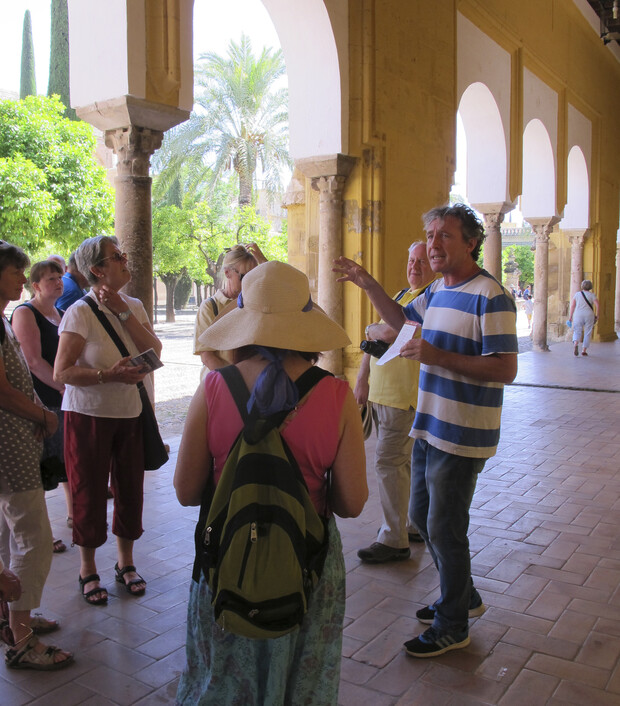 A tour guide in a blue-striped shirt gestures while speaking to a group of people. They stand under an arched walkway with stone columns and palm trees in the background.