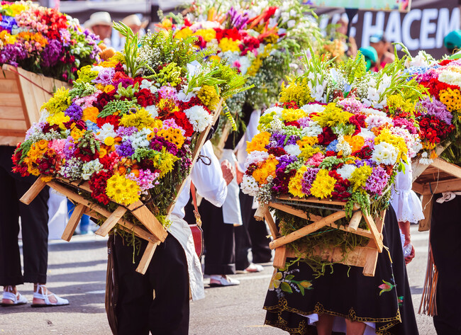 People carry large, colorful flower arrangements on wooden frames, walking in a festive parade. The vibrant flowers include reds, yellows, and whites, creating a lively, celebratory atmosphere.