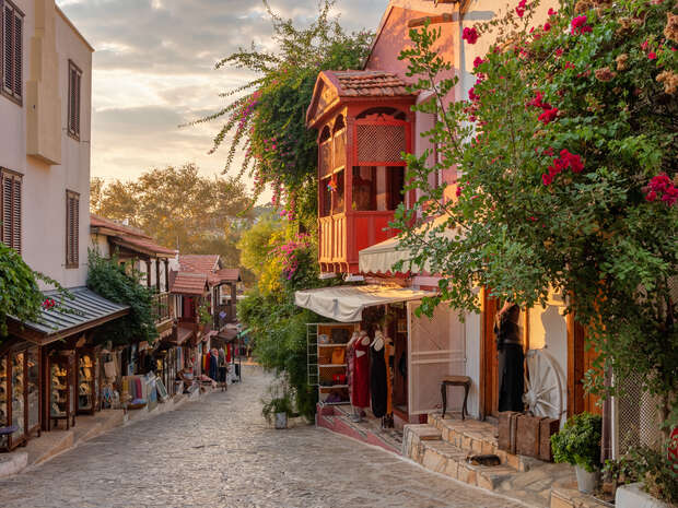 A cobblestone street lined with charming shops and houses featuring vibrant flowers and greenery. People walk along the street, enjoying the cozy, warm ambiance of the late afternoon sunlight.