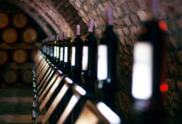 Bottles of wine are arranged on a wooden shelf, lined up under a brick arched ceiling inside a wine cellar, with barrels visible in the background.