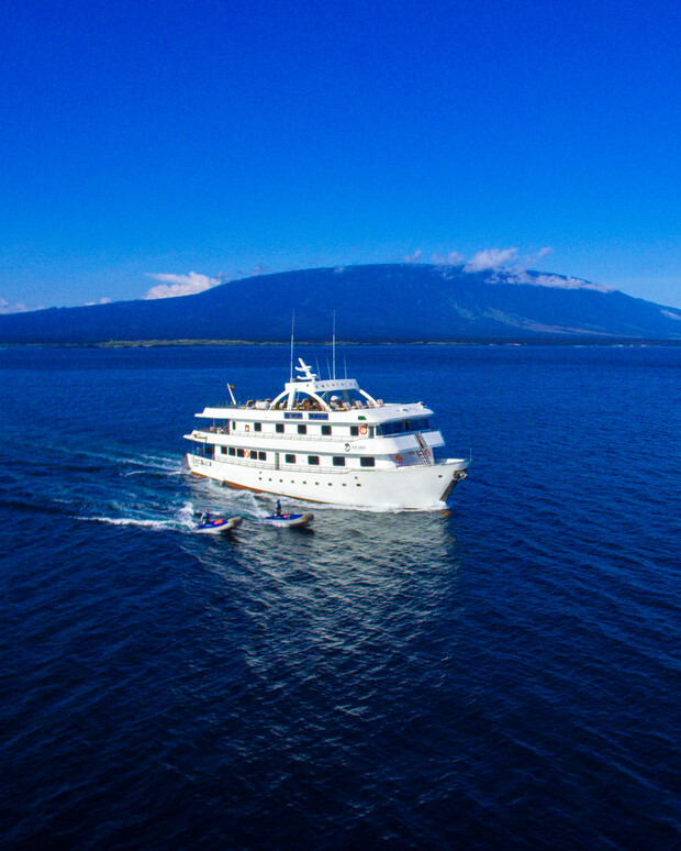 A white yacht cruises through a vast blue ocean, accompanied by small boats, set against a distant mountainous landscape and clear sky.