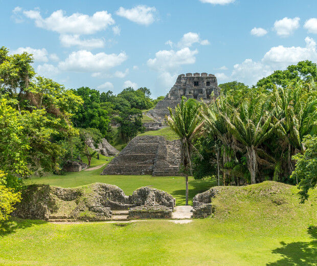 Ancient stone pyramid stands surrounded by lush greenery and palm trees under a bright blue sky with scattered clouds. Pathways lead up to the structure through a well-maintained grassy area.