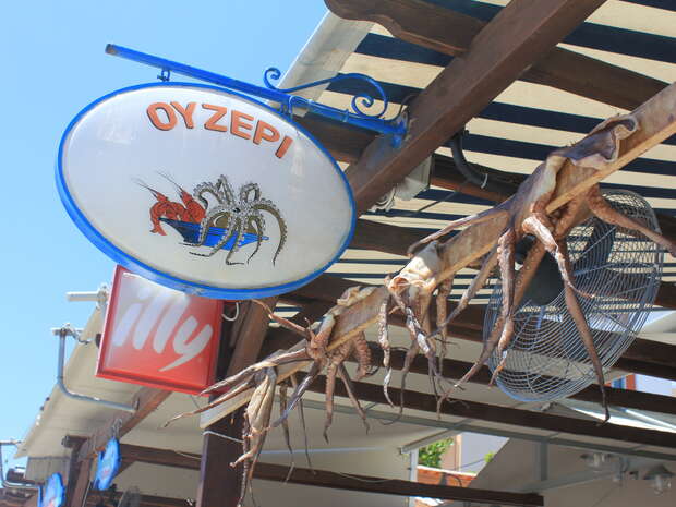 Sign depicting a lobster and octopus, reading "ΟΥΖΕΡΙ," hangs above an outdoor seating area with striped awning. Nearby, squid are drying on a line. Bright, sunny day.