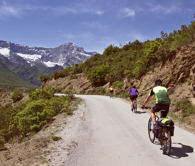 Three cyclists ride along a winding mountain road surrounded by lush greenery, with snow-capped peaks visible in the distance under a clear blue sky.