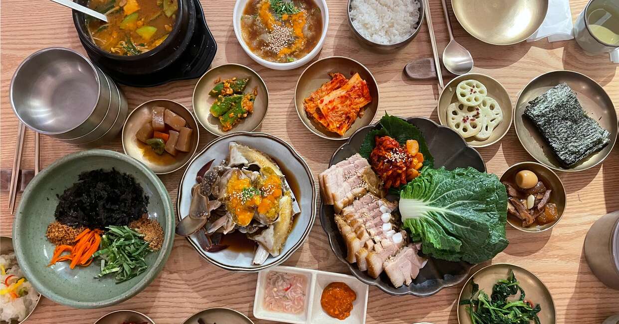 Spread of Korean traditional food including kimchi