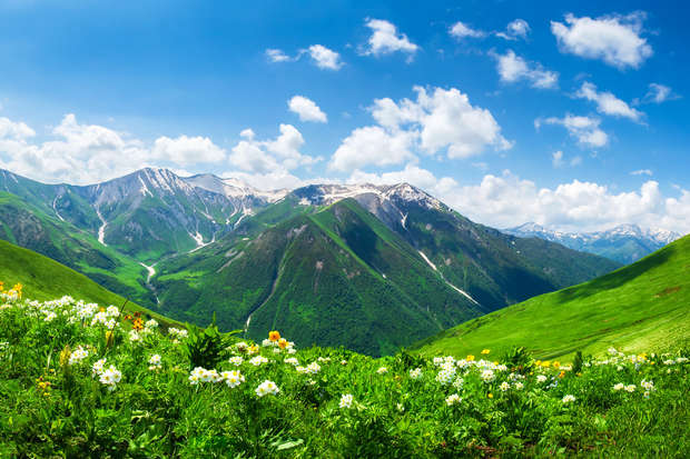 Mountains stand majestically with snow-dusted peaks. Lush green slopes cascade downward, while wildflowers dot a vibrant meadow in the foreground. A clear blue sky with scattered clouds forms the backdrop.