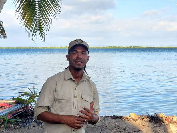 A person stands on a sandy beach, gesturing with one hand, under a palm tree; a calm blue ocean stretches into the distance beneath a partly cloudy sky.