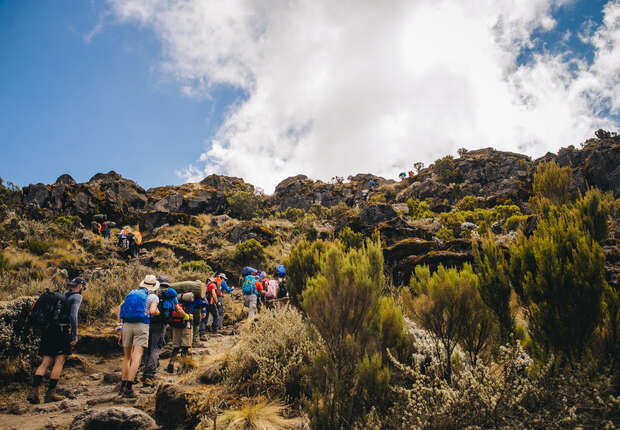 Hikers ascend a rocky mountain trail, surrounded by scrubby bushes and grass under a partly cloudy sky. The group wears outdoor gear and backpacks, emphasizing an adventurous outdoor setting.