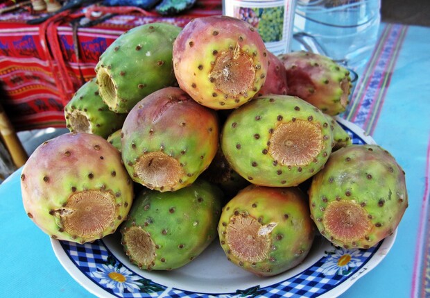 A plate holds a pile of prickly pears with green and reddish hues, resting on a patterned tablecloth. In the background, colorful fabric and a partially obscured container are visible.