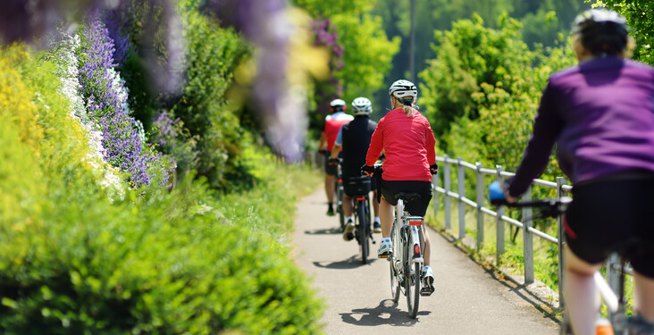 Cyclists ride along a paved path, surrounded by vibrant green foliage and colorful flowers, under a clear sky. A metal railing borders one side of the scenic trail.