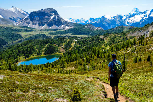 A hiker walks on a narrow trail through a lush, mountainous landscape with a vibrant blue lake below and snow-capped peaks in the distance under a clear sky.